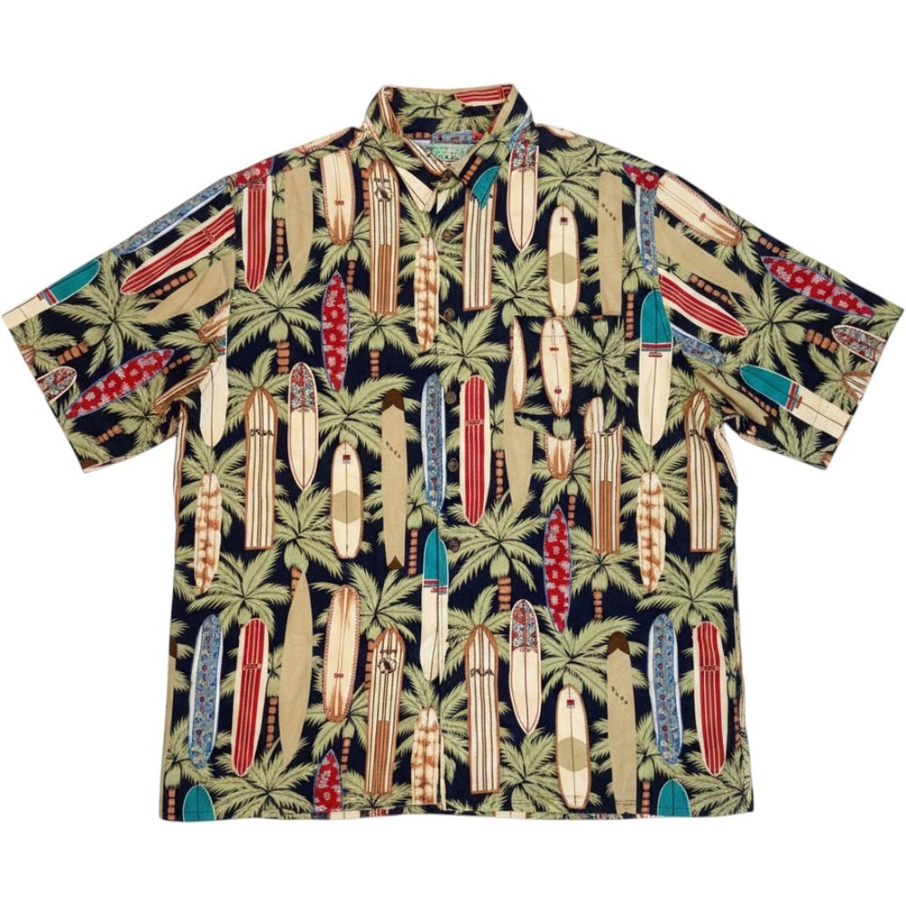 Reyn Spooner Hawaiian Shirt XXL Mens Navy Surfboard Palm Tree Rayon Aloha Button